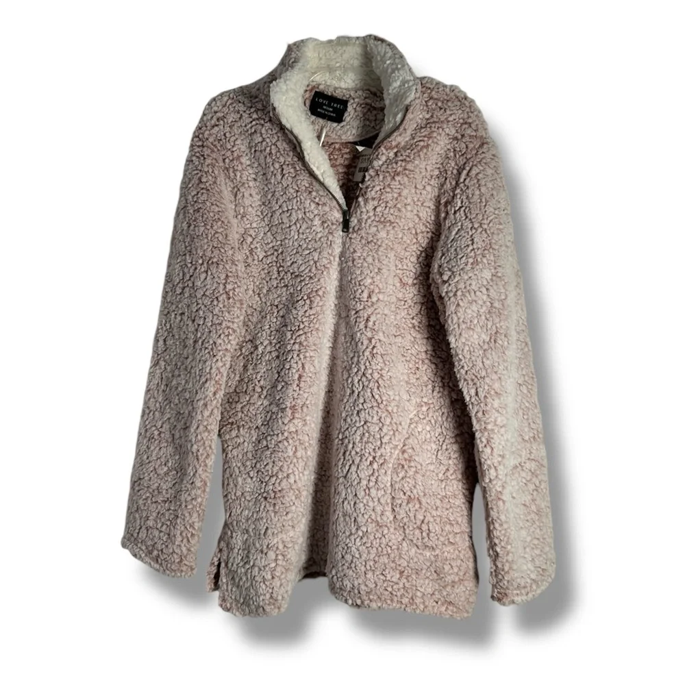 NWT Love Tree Pink Teddy Style Fuzzy Quarter Zip Sweater Size Medium - “Jaylene”